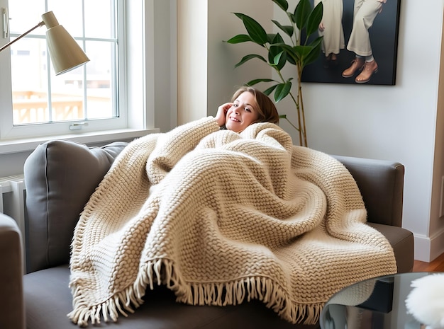 Photo person wrapped in cozybean throw blanket in contemporary setting