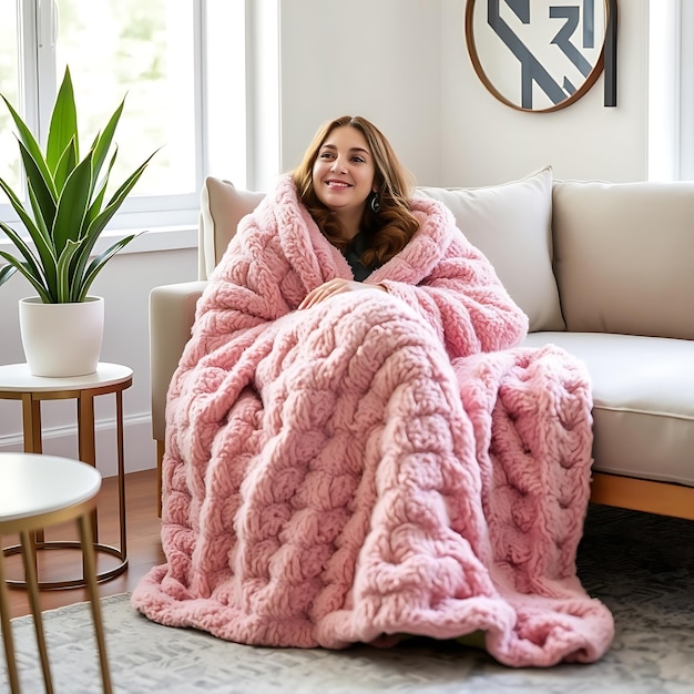 Photo person wrapped in cozybean throw blanket in contemporary setting