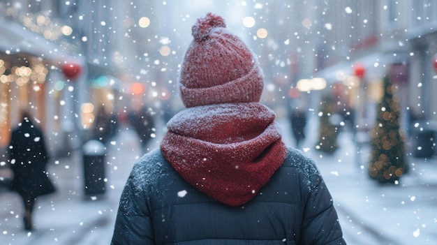 Photo a person wrapped in a thick scarf and coat walking through a snowcovered city street