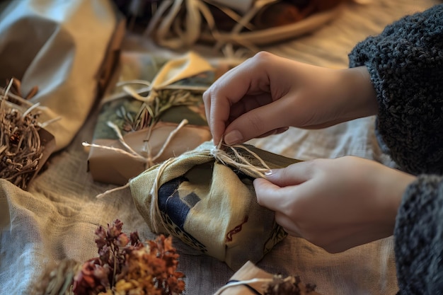 Photo person wrapping ecofriendly gift in a cozy minimalist room using natural materials