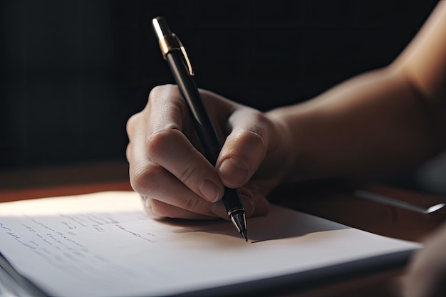 A person writes on a piece of paper with a pen.