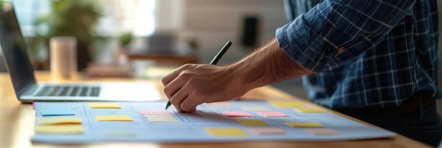 A person writing on a large paper with sticky notes focused on planning or brainstorming