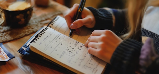 Photo a person writing a note on a notebook