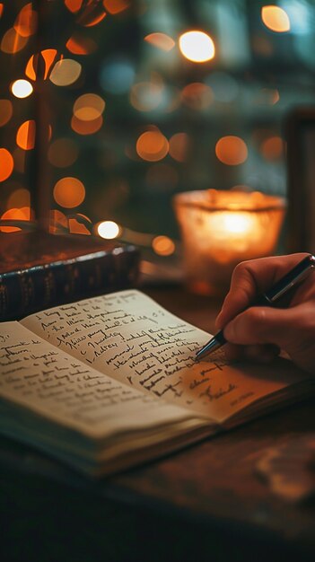 Photo a person writing in a notebook with candles in the background