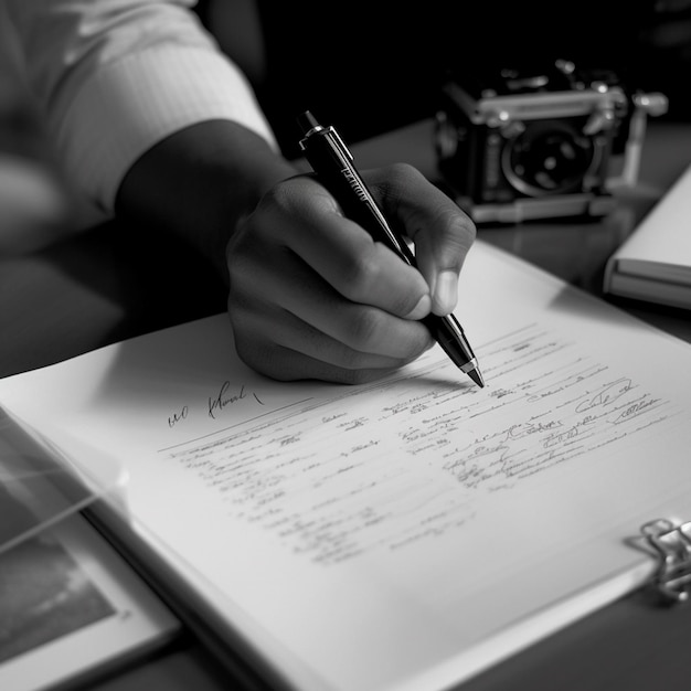 A person writing on a piece of paper with a camera behind them.