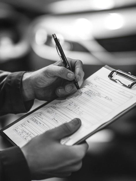 Person writing with a pen and clipboard