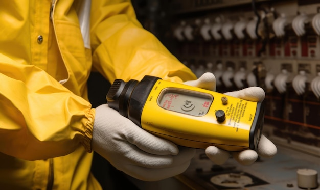 A person in a yellow jacket holds a drill with a red indicator on the side.