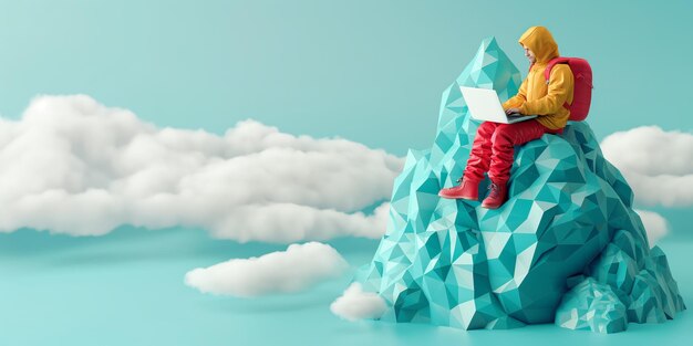 Photo person in yellow jacket and red pants working on laptop while sitting atop a blue geometric mountain peak with white clouds in the background