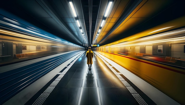 Person in yellow jacket at underground trin station long exposure travel concept background