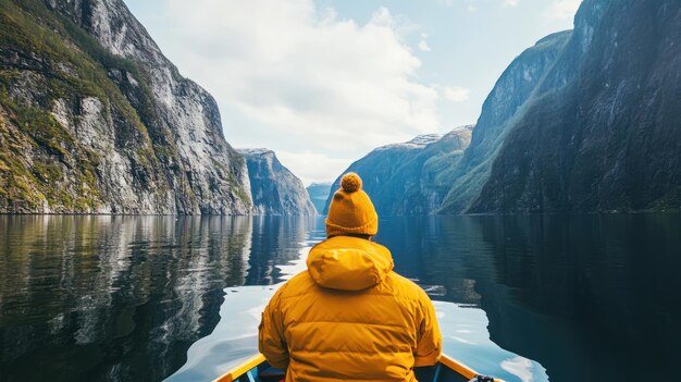 Photo person in a yellow jacket views mountainous fjord from a boat