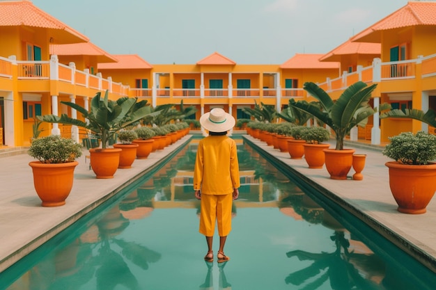 A person in a yellow outfit stands in front of a pool with orange pots and palm trees.