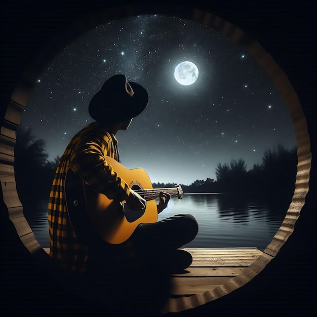 Photo a person in a yellow plaid shirt is sitting under a starry night sky