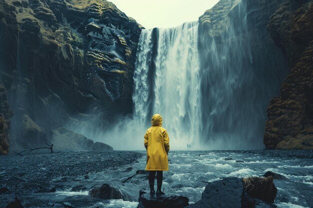 Photo person in yellow raincoat near waterfall