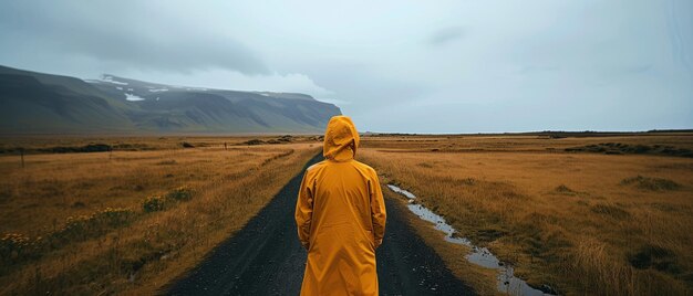 A person in a yellow raincoat stands alone in the middle of a vast golden field with a distant mountain range and overcast skies in the background