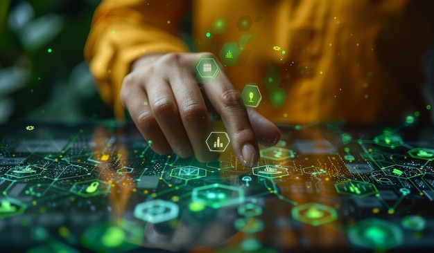 Person in yellow shirt interacting with advanced digital interface in data center