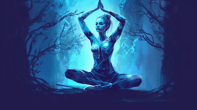 Person in a yoga pose fantasy illustration with a blue theme Generative ai