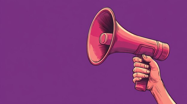 Photo a person39s hand holds a vibrant orange megaphone against a solid purple background ready to amplify a message or call attention