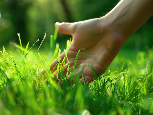 Photo a person39s hand touches the grass highlighting the connection between nature and humanity