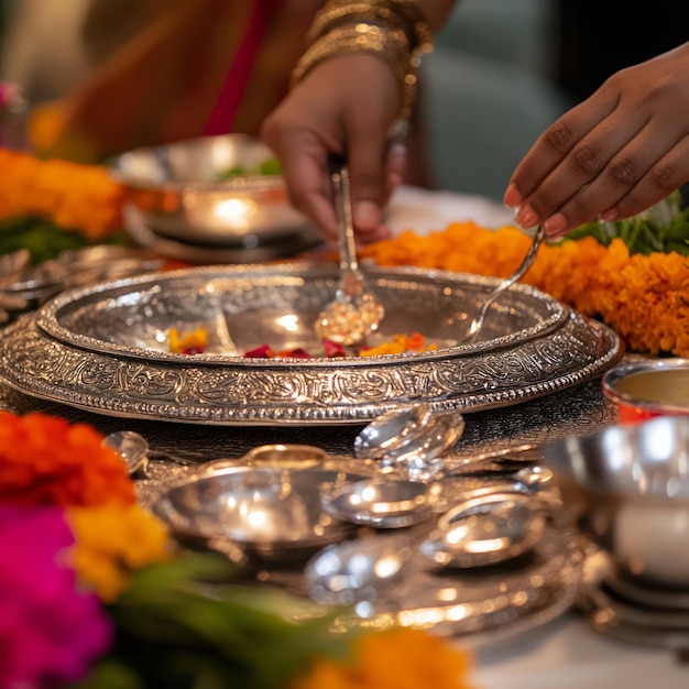 Photo a person39s hand using a silver spoon to serve food from a large silver platter surrounded by marigolds small bowls and other utensils