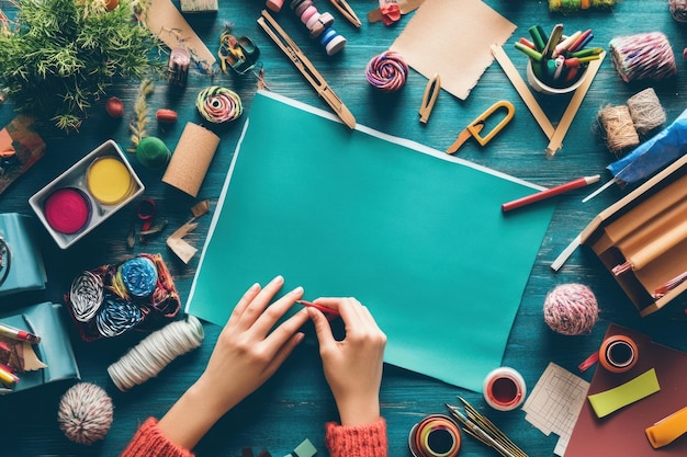 Photo a person39s hands drawing on a teal paper with craft supplies surrounding