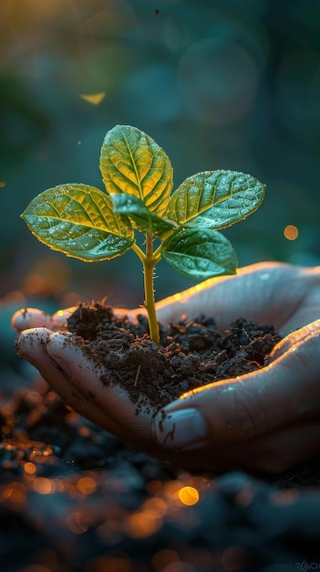 A person39s hands gently holding a young sapling in soil illuminated by warm sunlight