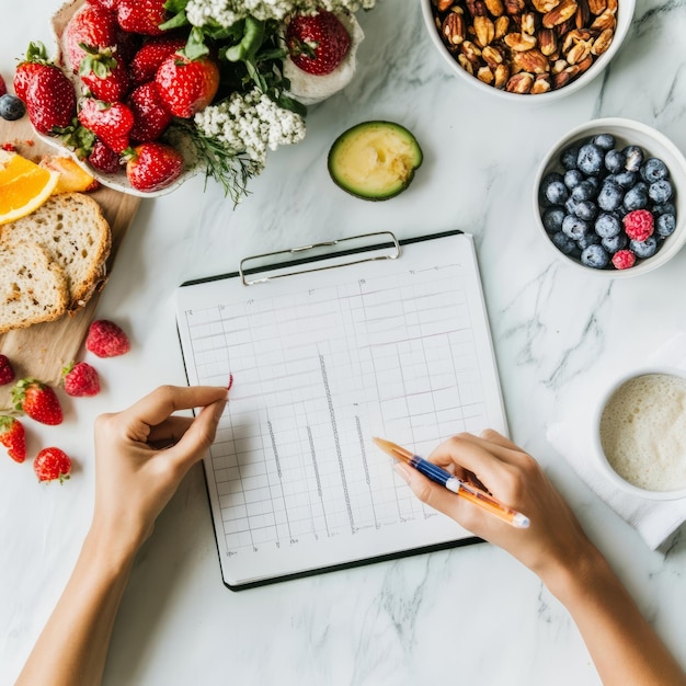 Photo a person39s hands working on a gridded notepad while surrounded by healthy foods and drinks