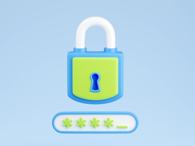 Personal data secure 3d render closed padlock and password field with incomplete passcode entry