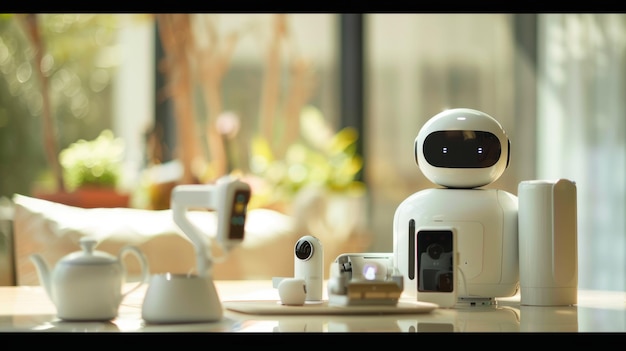 Photo personal robot standing on table surrounded by smart home devices