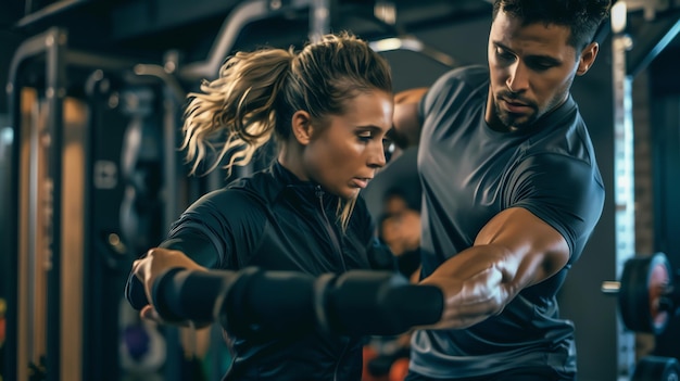 Personal trainer assisting a young woman with her dumbbell bicep curls in the gym