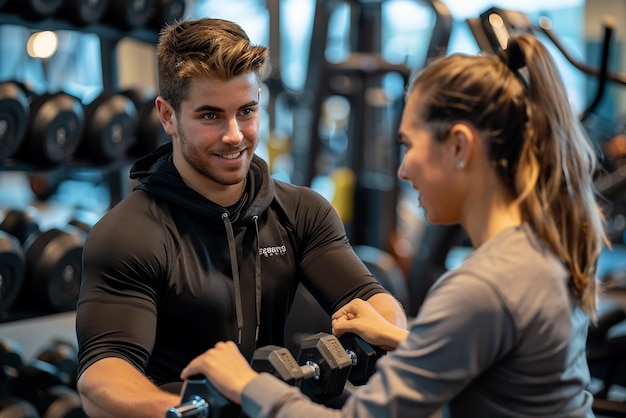 Photo personal trainer and client looking at his progress at the gym