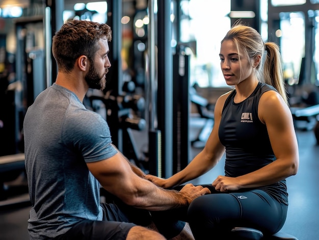 Photo personal trainer coaching a client at the gym