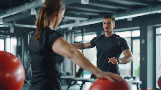 Photo a personal trainer gives instructions to his client in a gym