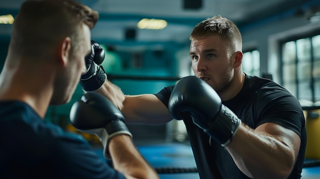 Photo personal trainer guiding client through boxing workout for fitness and motivation