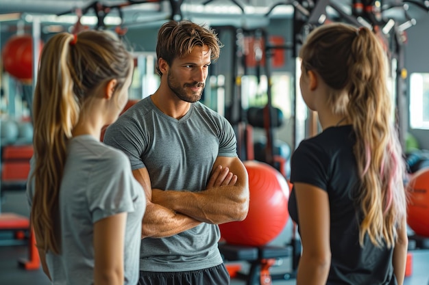 Photo personal trainer guiding female clients in modern gym environment