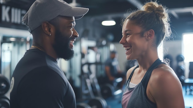 Personal trainer helping a client with her workout The client is smiling and looking at the trainer