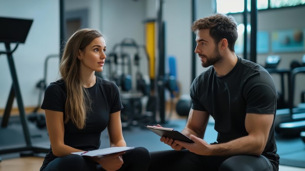 Photo personal trainers discussing fitness goals and workout plans in a modern gym during morning hours with workout equipment in background