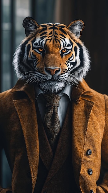 A personified tiger in glamorous trendy clothing exuding a noble and elegant temperament