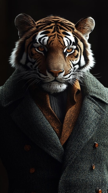 A personified tiger in glamorous trendy clothing exuding a noble and elegant temperament