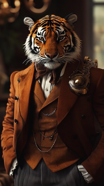 A personified tiger in glamorous trendy clothing exuding a noble and elegant temperament