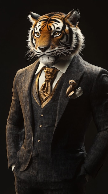 A personified tiger in glamorous trendy clothing exuding a noble and elegant temperament