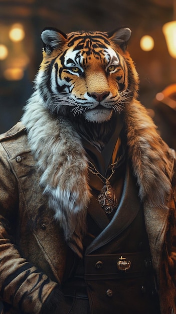 A personified tiger in glamorous trendy clothing exuding a noble and elegant temperament