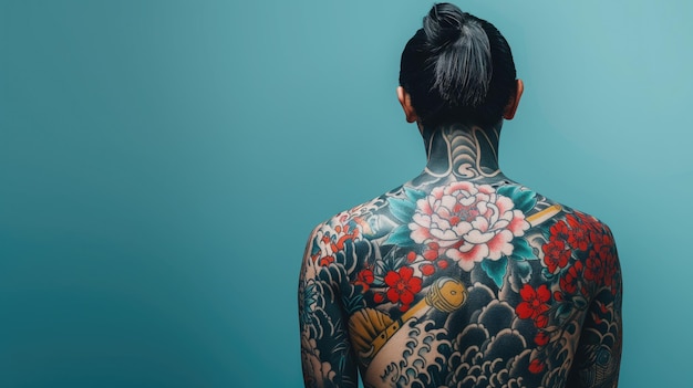 A persons back covered in a vibrant traditional Japanese tattoo showcasing cultural art