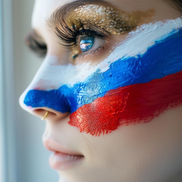 Photo a persons face is adorned with the colors of the russian flag