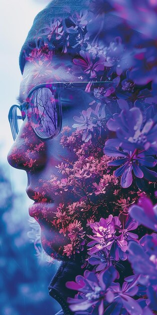 Photo a persons face is halfhidden by vibrant purple flowers