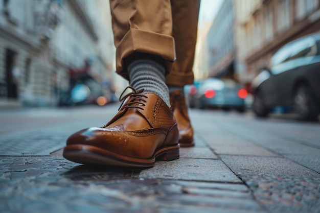 Photo a persons feet in brown shoes