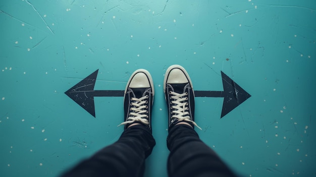 Photo persons feet standing on a clean solid pastel blue background with arrows pointing in different way