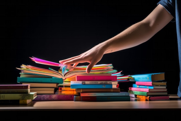 A persons hand browsing through a colorful stack of books with pages glowing against a dark background depicting the concept of knowledge learning and education