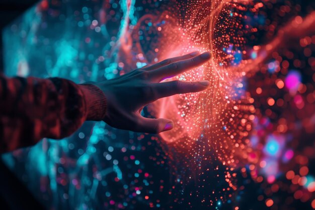 A persons hand gently touches a wall illuminated by a dazzling array of colorful lights creating a mesmerizing and captivating visual experience