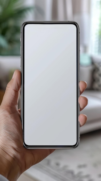 A persons hand holding a cell phone with a blank screen