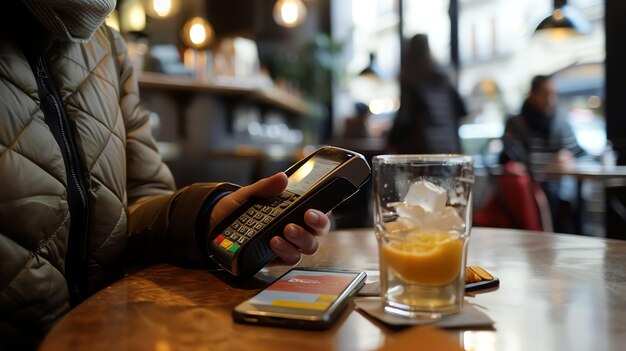 A persons hand holding a credit card reader with a glass of iced tea and a phone on the table